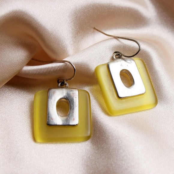 🌹Vintage yellow square silver Fish hook earring - Picture 1 of 8
